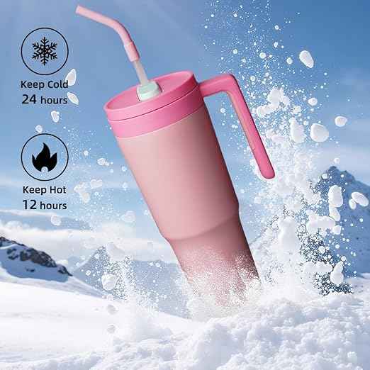 Konokyo Insulated Tumbler with Handle and Straw,40 OZ Vacuum Stainless Steel Water Bottle Travel Mug Metal Cup with Fruit Diffuser,Pink