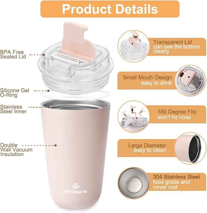 PHILORN Pink Coffee Tumbler - 12 OZ Insulated Coffee Mug With Lid, Leak Proof Thermo Cup for Hot and Iced Drinks, Stainless Steel Vacuum Pink Cup with Double Wall