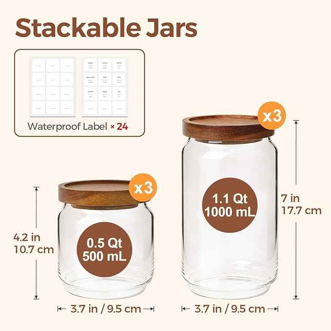 ComSaf 6PCS (1.1Qt/0.5Qt) Glass Pantry Storage Container with Acacia Wood Lid, Airtight Glass Canister with Stacked Design for Orderly Organizing, Glass Jar Organizing Dry Goods in Pantry & Cabinet