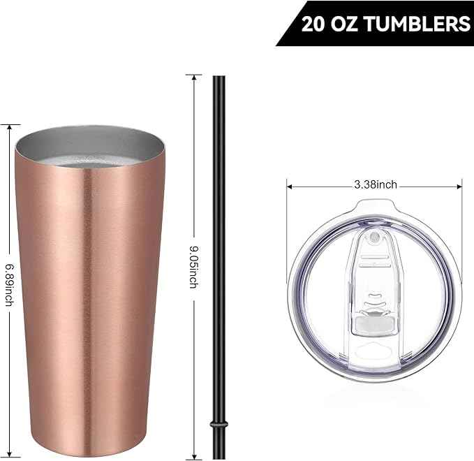 VEGOND 20oz Tumbler Bulk with Lid and Straw 6 Pack, Stainless Steel Vacuum Insulated Tumbler, Double Wall Coffee Cup Travel Mug, Rose Gold