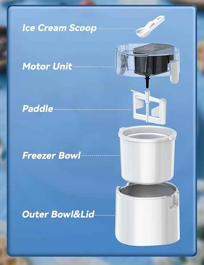 Ice Cream Maker, 1.5-Qt Ice Cream Machine and Frozen Yogurt Machine, 1.5-Qt Insulated Freezer Bowl, LCD Screen and Timer, Quick Results, Easy to Operate and Clean