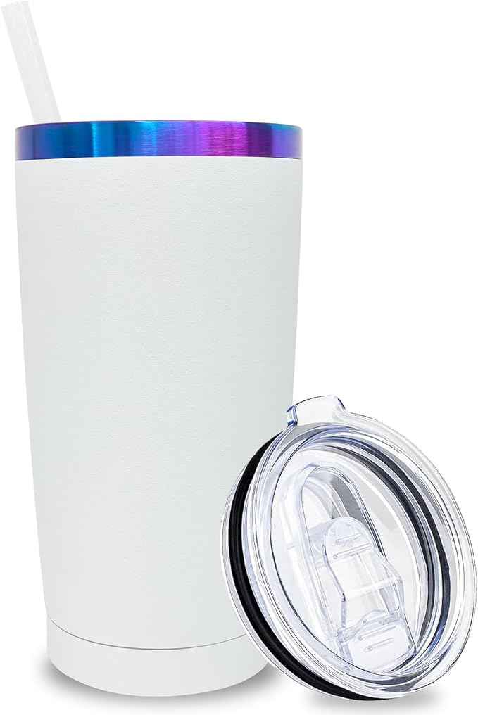 20 oz Tumbler Stainless Steel Tumbler with Lid and Straw, Double Wall Vacuum Insulated Travel Coffee Mug for Laser Engrave, Powder Coated Cup for Hot and Cold Drinks (White,1 pack)