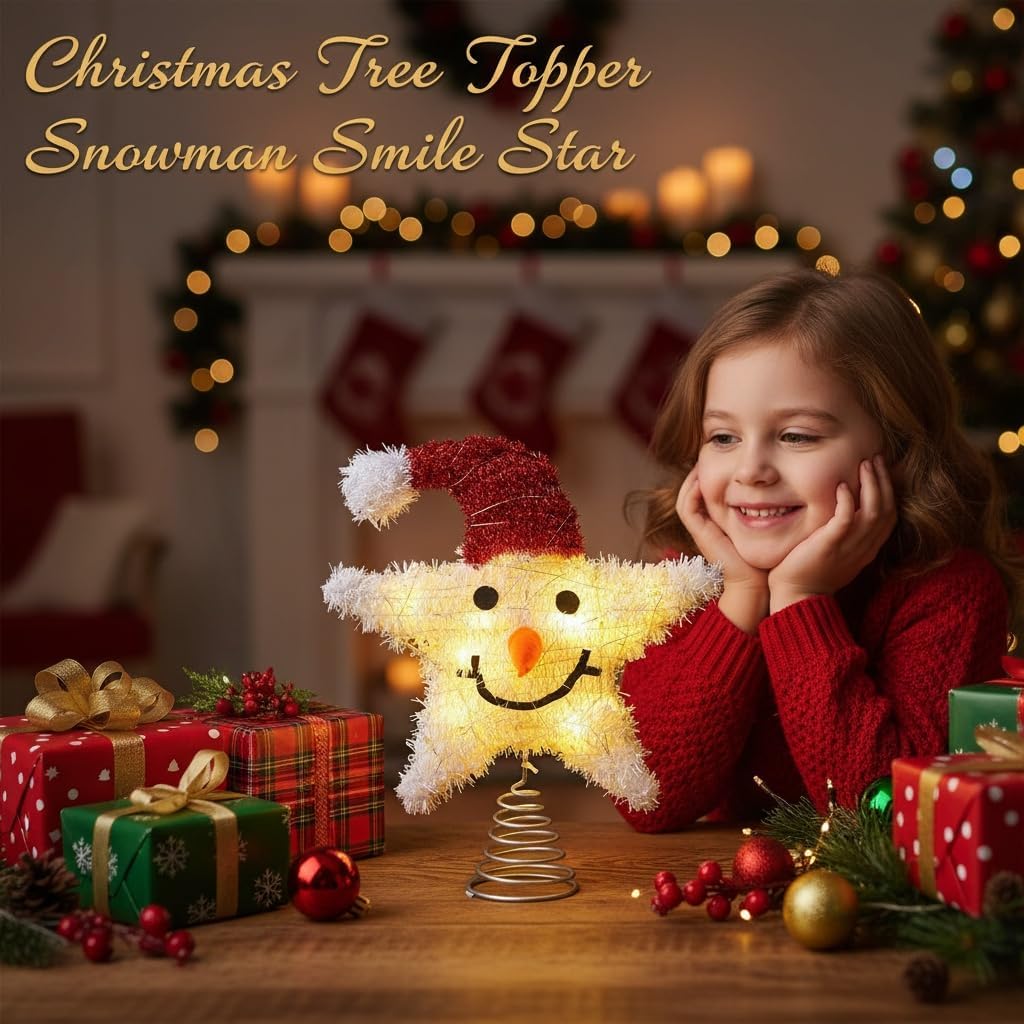 Christmas Tree Topper Snowman Star: Lighted Sparkling Snowman Xmas Tree Top with Led Lights Decoration for Holiday Parties Seasonal Celebrations (Without Battery)