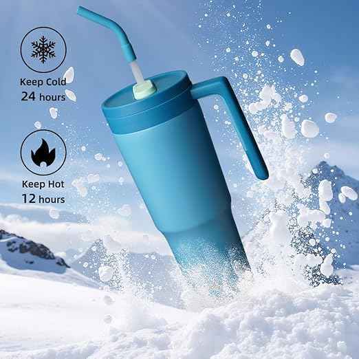 Konokyo Insulated Tumbler with Handle and Straw,40 OZ Vacuum Stainless Steel Water Bottle Travel Mug Metal Cup with Fruit Diffuser,Dark Blue