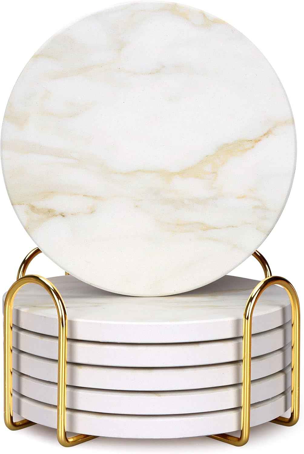 White Marble Style Ceramic Coasters Set of 6 with Holder Modern Coffee Table Decor Drink Coaster Gifts Absorbent Stone Coasters for Rustic Farmhouse Bar