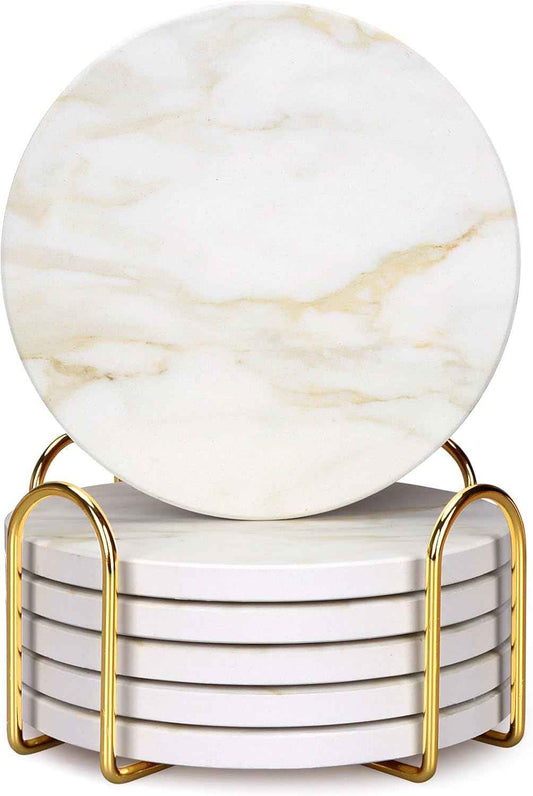White Marble Style Ceramic Coasters Set of 6 with Holder Modern Coffee Table Decor Drink Coaster Gifts Absorbent Stone Coasters for Rustic Farmhouse Bar