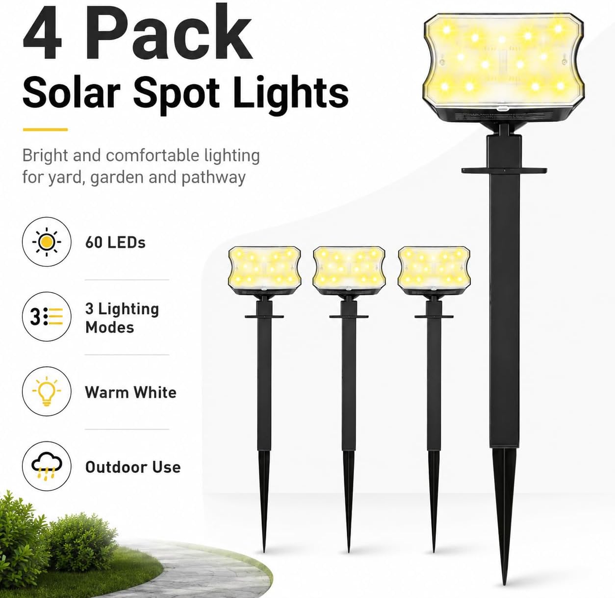 Solar Lights Outdoor, 4 Pack Solar Spot Lights with 60 LEDs, 3 Lighting Modes, Warm White Solar Landscape Lights, IP67 Waterproof Outdoor Lights for Yard, Garden, Pathway, Lawn