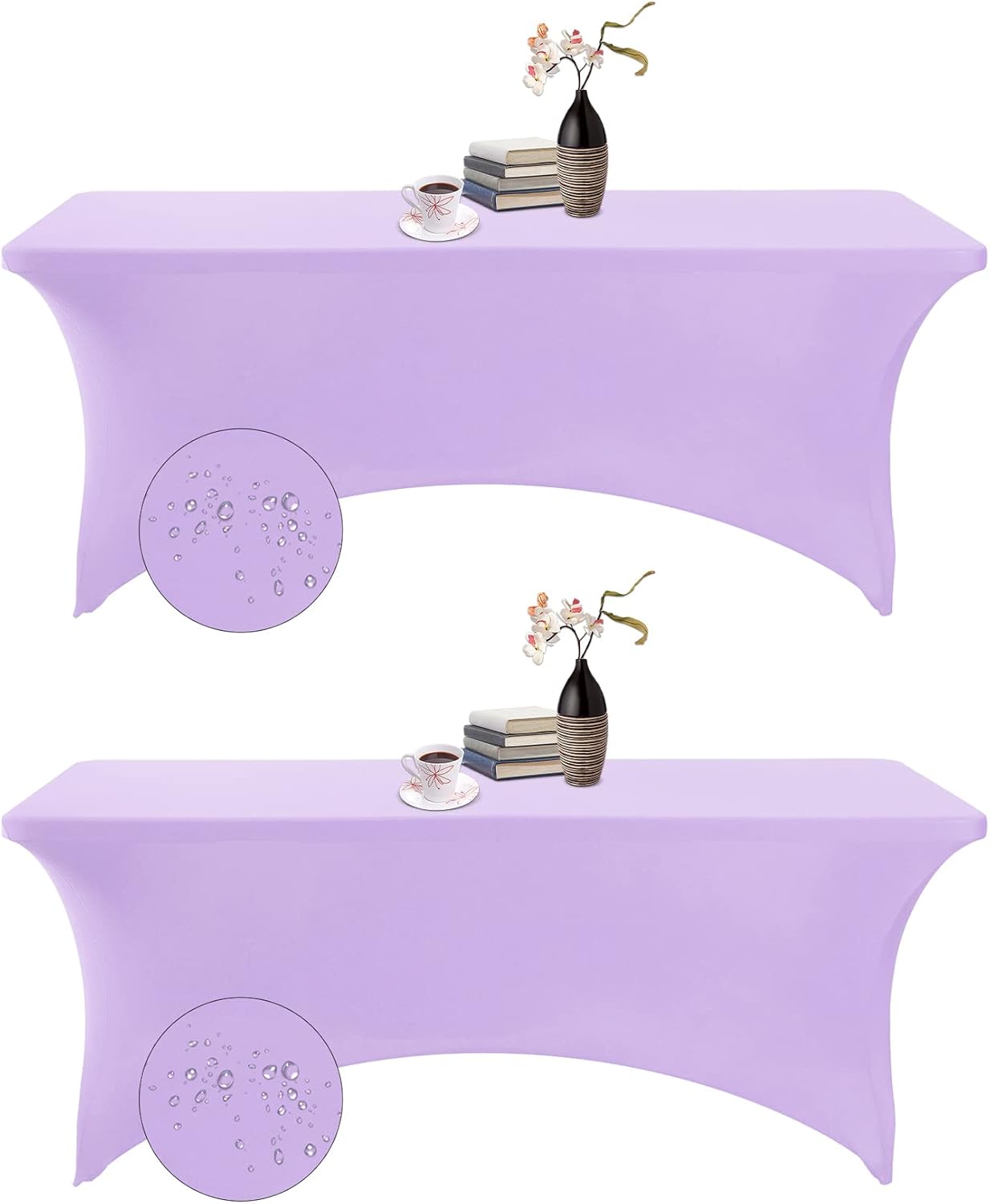2Pack Spandex Waterproof Table Covers 6ft，Spandex 6ft Waterproof Table Cover for Party,Wedding, Banquet, and Events(Lavender)