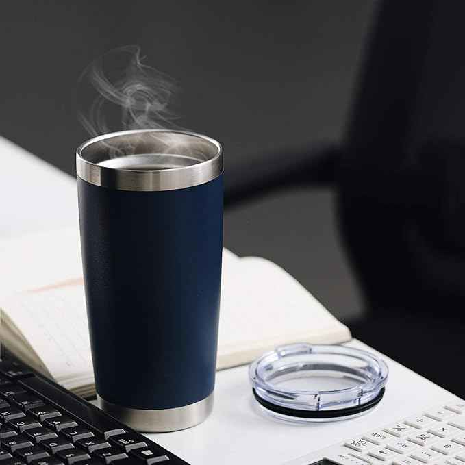 COMOOO 20oz/8Pack Double Wall Vacuum Insulated Coffee Travel Mug Stainless Steel Tumbler Bulk with Lid and Straw Durable Powder Coated Insulated Coffee Cup for Cold & Hot Drinks, Navy, 8 Pack