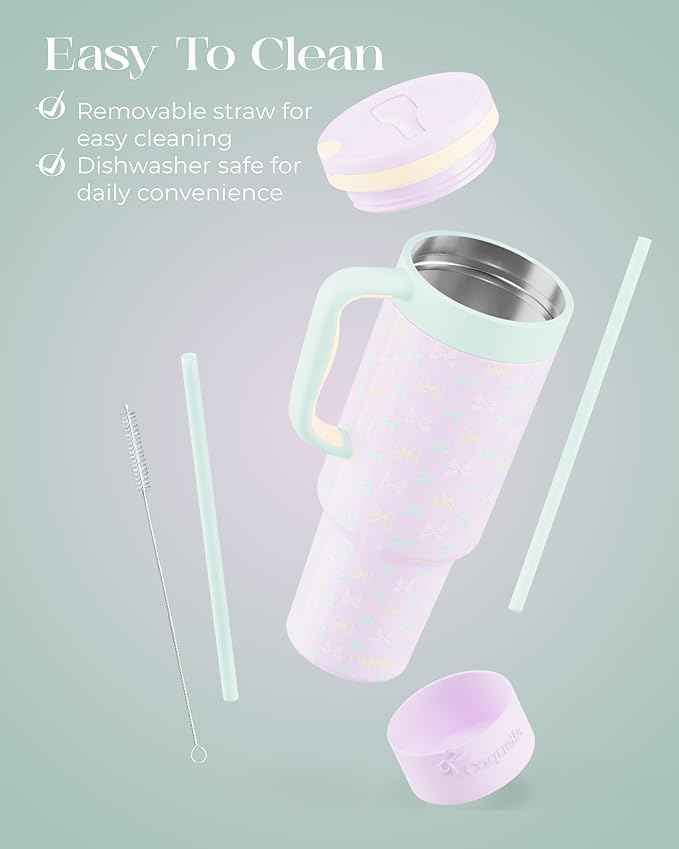 40 oz Insulated Tumbler with Handle and Push-Button Straw Lid, Stainless Steel Travel Cup for Gym Office, Leakproof, BPA-Free, Cup Holder Friendly, Bow Silicone Boot, Purple (Bow Lilac)