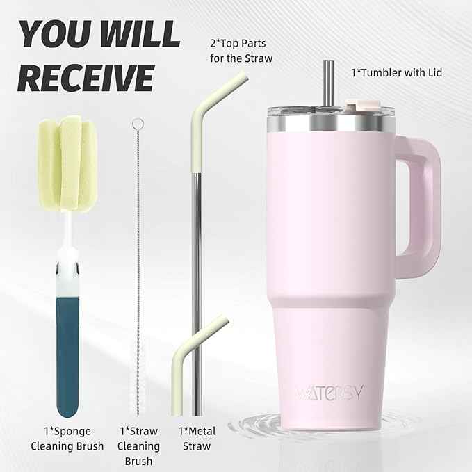 20 oz Tumbler with Handle,Tumbler with Lid and Straw,Double Wall Insulated Cup Stainless Steel Travel Mug(Cold for 34 Hours),Water Bottle for Iced Tea,Coffee,Cold Beverages(Rose Quartz)