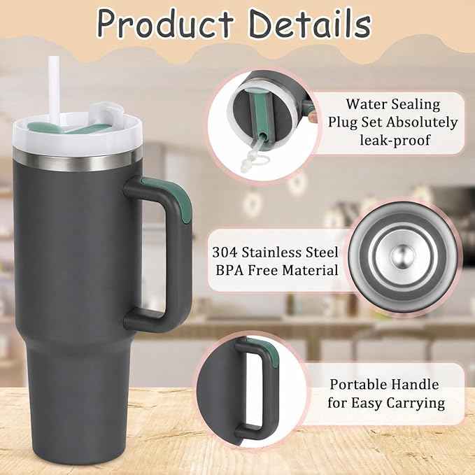 40oz Stainless Steel Vacuum Insulated Tumbler with Handle and Straw, Large Capacity Insulated Cup (Gray)