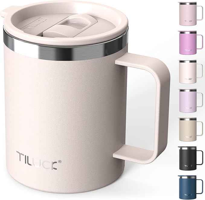 TILUCK 12 oz Insulated Coffee Mug with Lid, Double Wall Vacuum Insulated Travel Mug Cup with Handle for Hot or Cold Drinks（12oz，Matte SakuraPink）