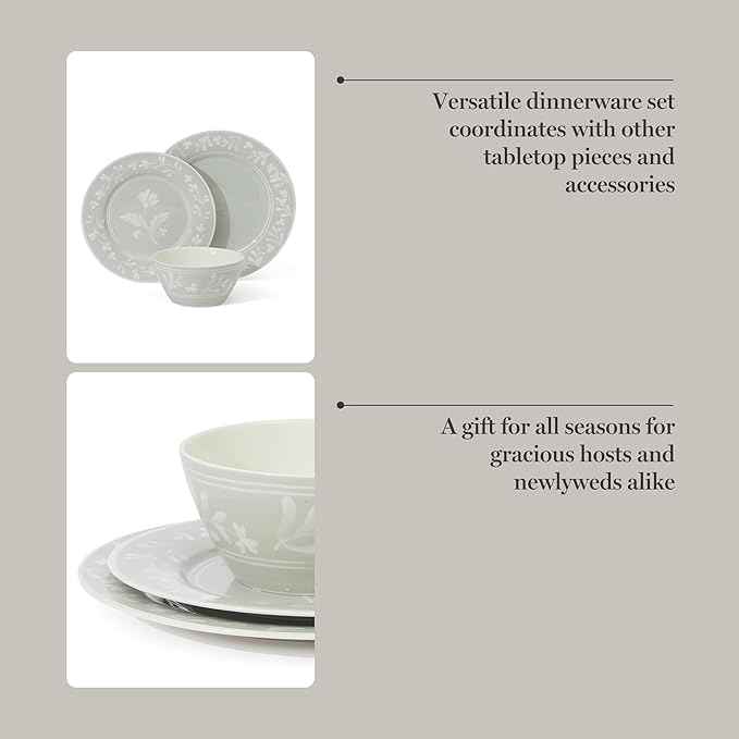 Martha Stewart Dinnerware Set - Maiden Crown 12-Piece Dish Set, Sage Green – New Bone China Ceramic Plates & Bowls – Floral Design – Service for 4 – Microwave & Dishwasher Safe