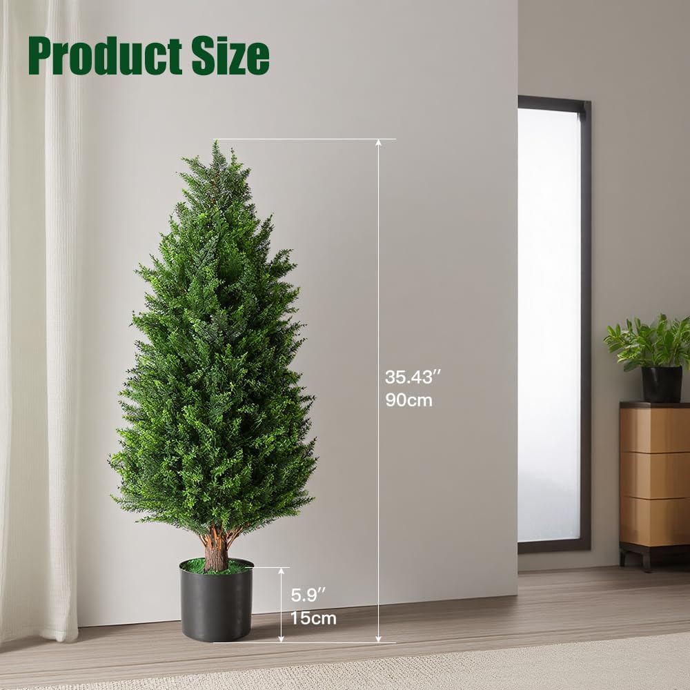 3FT Artificial Cedar Topiary Trees Set of 2, UV Resistant Lifelike Fake Evergreen Pine Potted Shrubs Plants Outdoor, Realistic Faux Cypress Bushes for Front Porch Indoor Home Garden Christmas Decor