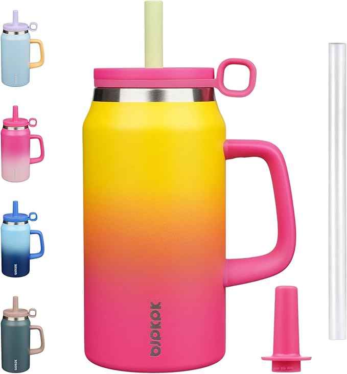 BJPKPK 50oz Insulated Tumbler with Handle Stainless Steel Travel Coffee Mug with Lid Reusable Large Water Bottle with Straw,Rainbow