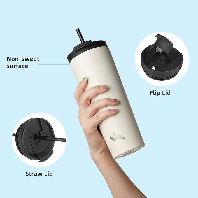Konokyo 30 OZ Insulated Tumbler with Lid and 2 Straws Stainless Steel Water Bottle Vacuum Travel Mug Coffee Cup,Angel White