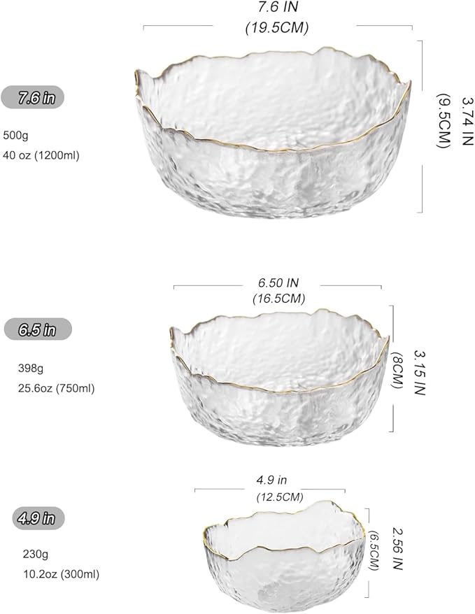 Glass Salad Bowl Irregular Lotus Flower Shape Serving Bowls, Mixing Nut Bowls for Kitchen Fruist, Snack, Dessert, and Ice Cream Candy Dishes (Crystal Clear with Gold Rim, 6.5")
