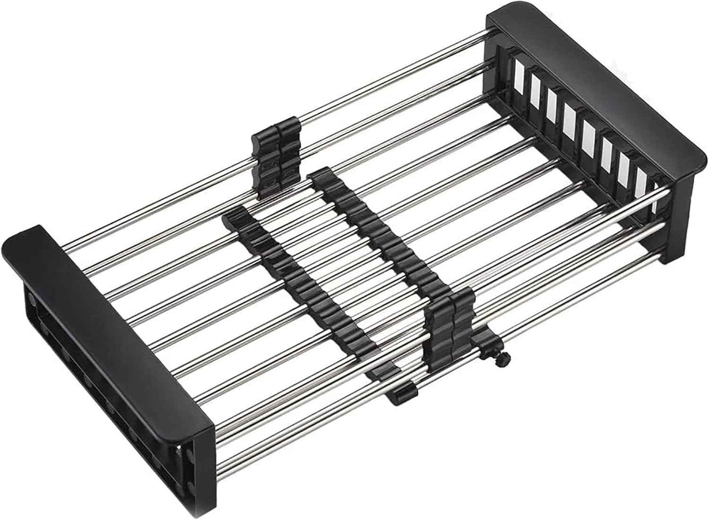 Kitchen Multi-Function Retractable Sink Dish Drying Rack, Stainless Steel Drainer for 10.7"-17" Sinks, Kitchen Countertop Organizer for Dishes, Vegetables, and Fruits (Black & Small)