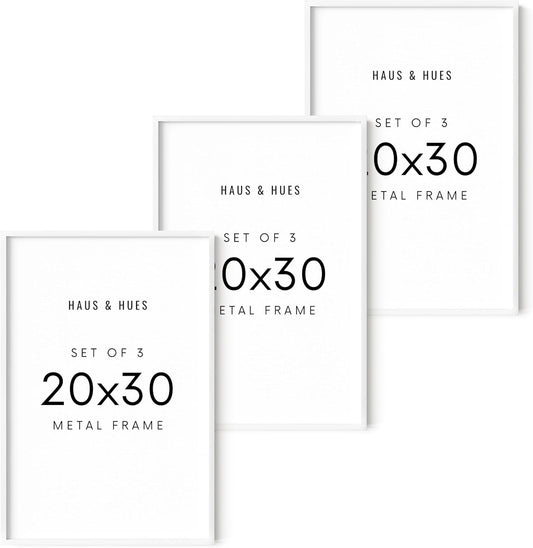 HAUS AND HUES 20x30 White Metal Picture Frames - Features Premium Aluminum, Vertical & Horizontal Hang, Shatterproof Plexiglass - Perfect for Home, Room, Office (20x30 in, White, Set of 3)