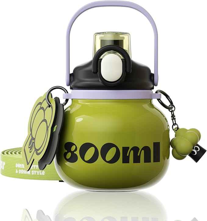 27 oz Aesthetic Water Bottle with Straw and Carry Handle, Chunky Wide Mouth Vacuum Insulated Stainless Steel Flask Taza Easy Carry, Trendy Portable Tumbler Termo for School, Gym, Travel, Green