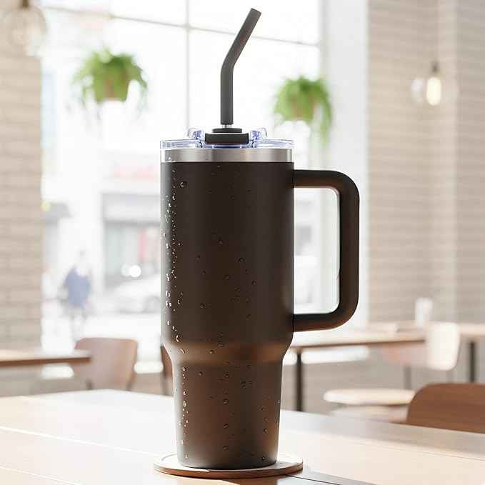 COKTIK 40 oz Tumbler With Handle and Straw, Insulated Tumbler With Leakproof Lids, Stainless Steel|BPA-Free, Cold for 24 H (Black)