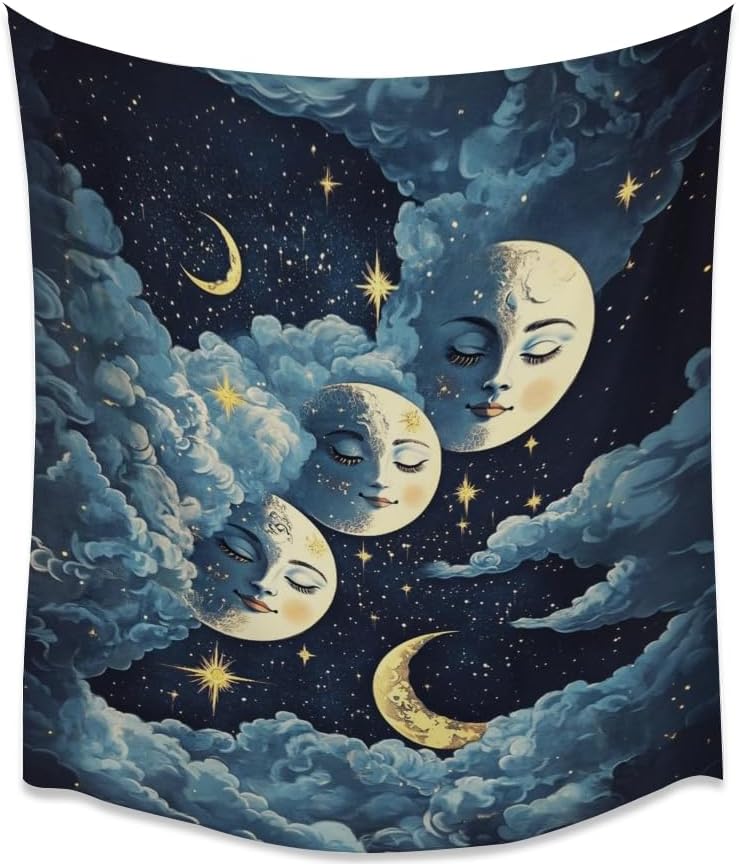 Blue Moon Faces Tapestry Celestial Wall Art Dark Academia Aesthetic Print Stars Clouds Tapestries Wall Hanging whimsical Gothic Home Decor for Bedroom Living Room 30x40inch