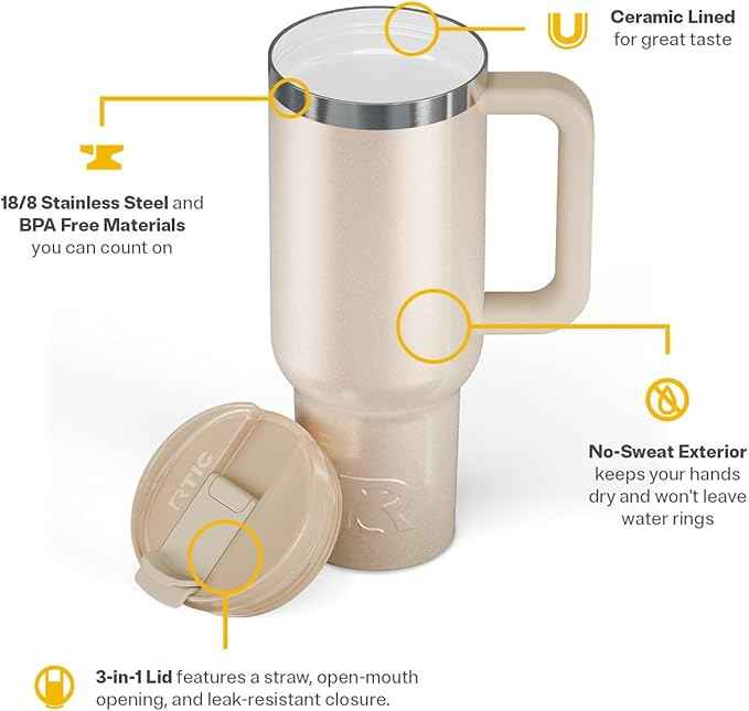 RTIC 40 oz Road Trip Tumbler Double-Walled Cermaic Lined Insulated Stainless Steel Portable Travel Coffee Mug Cup with Lid, Handle and Straw, Beach Glitter