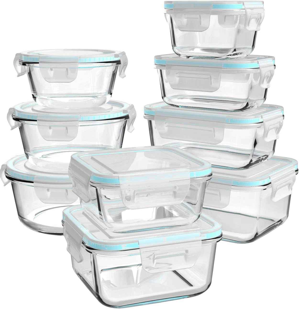 AILTEC Glass Food Storage Containers with Lids, [18 Piece] Glass Meal Prep Containers Set, Airtight Leak Proof, Oven Freezer Dishwasher Safe, BPA Free (9 Lid & 9 Container)