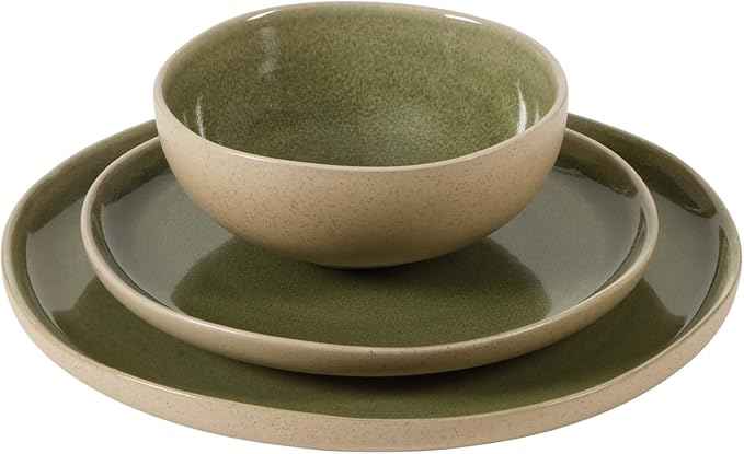Gibson Elite Manila Bay 12-Piece Stoneware Dinnerware Set, Service for 4, Reactive Glaze Modern Artisan Plates, Bowls & Mugs, Green, Round Design