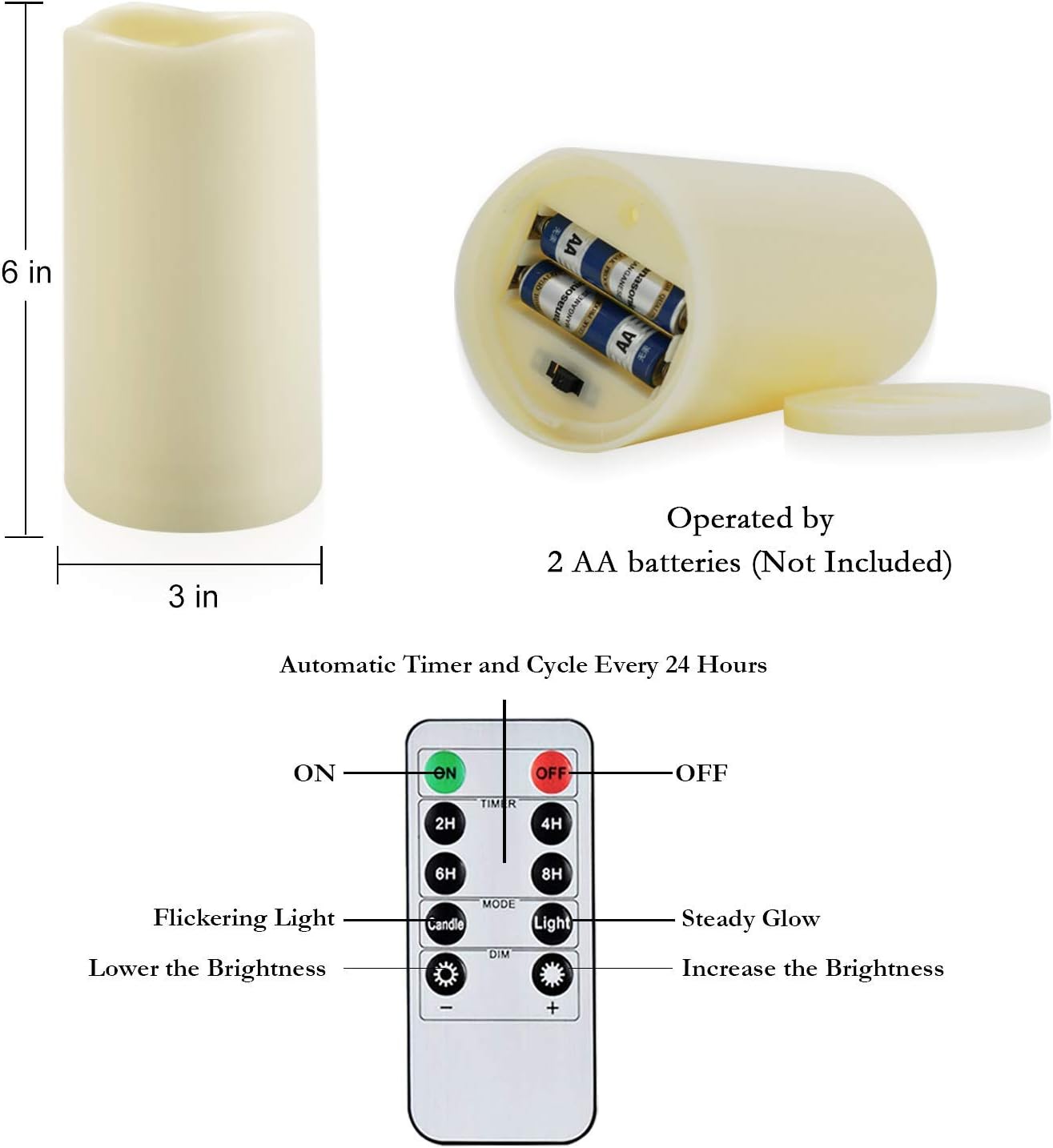 Amagic 3" x 6" Waterproof Outdoor Flameless Candles, Battery Operated Candles with Remote and Timer, Flickering LED Pillar Candle for Outside Patio Garden and Indoor Home Decor, Ivory, Set of 2