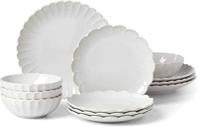 Lenox Stoneware Dinnerware Sets, French Perle Scallop White 12-Piece Dinnerware Set for 4, Service For 4, Dishwasher Safe Dishware, Dishes Set, Stoneware Dinner Plates and Bowls Sets (White, 12 Piece)