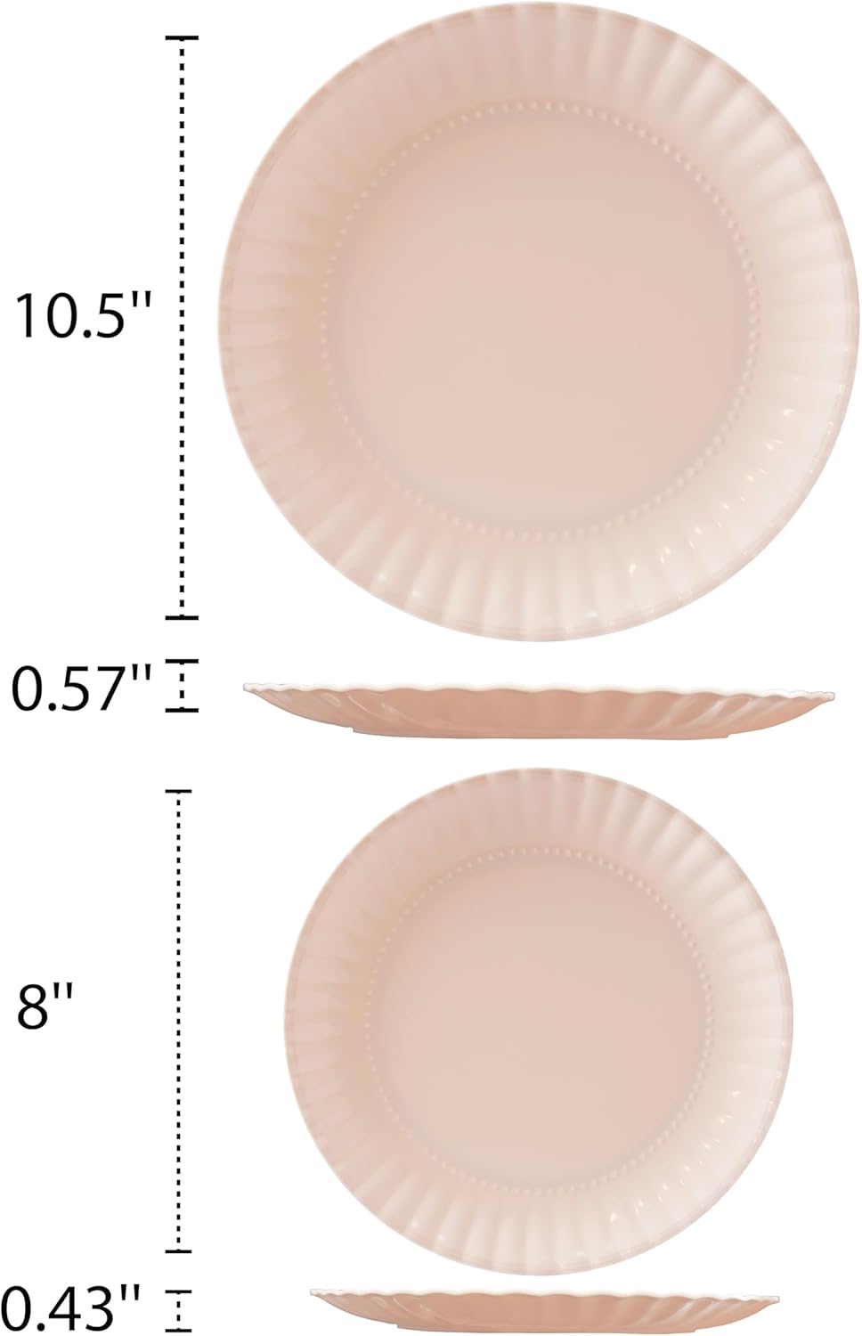 TP Reusable Melamine Paper Plates, 8" and 10.5" Round Plates for Party Picnic Outdoors, Set of 4, Light Pink