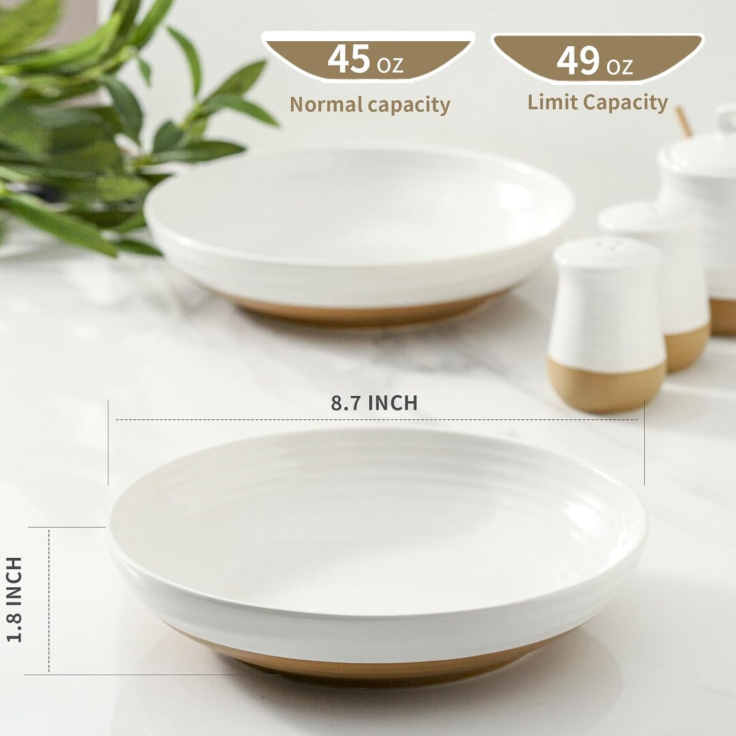 Pasta Bowls 32 OZ,Ceramic Salad Serving Bowls Set of 2,Large 8.7 inch Shallow Bowls Plates for Fruit,Noodle,Dinner,Soup Bowls for Christmas Gift,Dishwasher & Microwave Safe,White