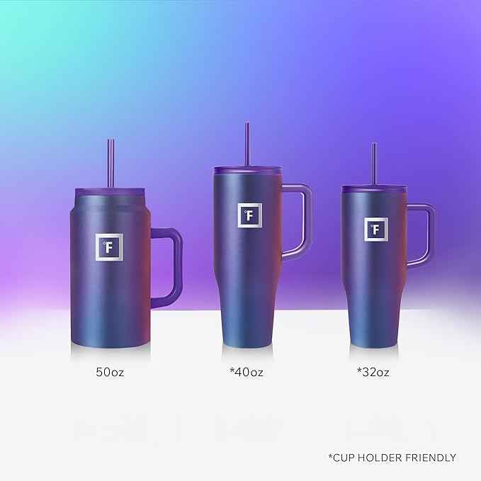 IRON °FLASK Co-Pilot Insulated Mug w/Straw & Flip Cap Lids - Cup Holder Bottle for Hot, Cold Drink - Leak-Proof - Water, Coffee Portable Travel Mug - Lavender, 50 Oz