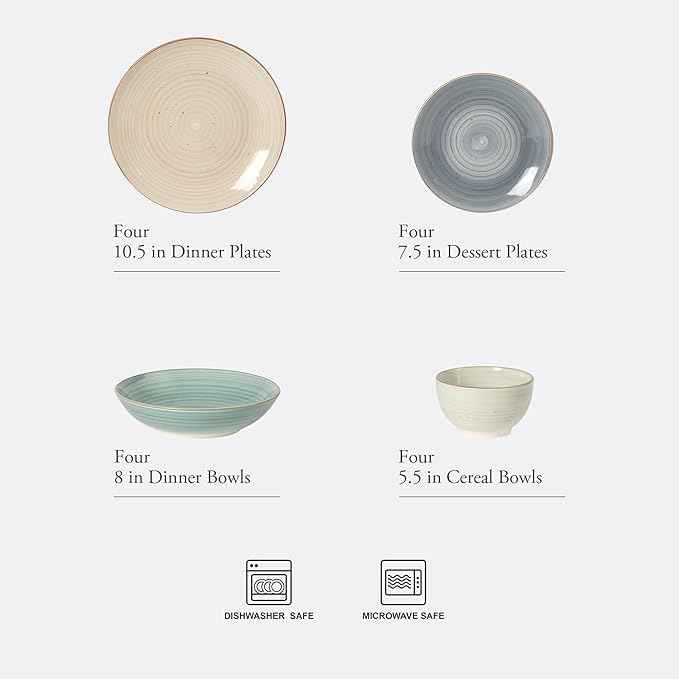 Gibson Home Stonebury 16 Piece Plates and Bowls Assorted Color Dishes - Handpainted Stoneware Dinnerware Set - Service for 4