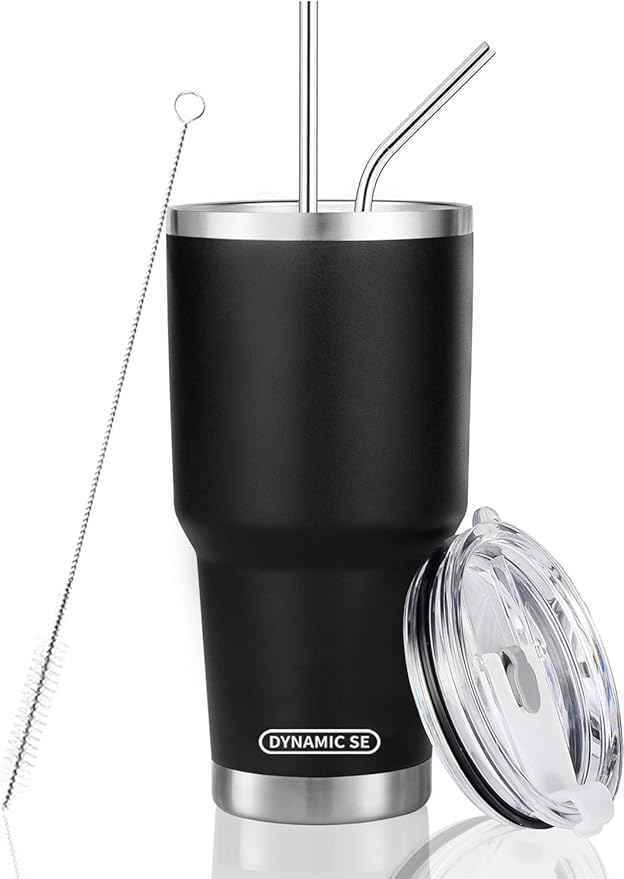 D·S 30 oz Black Tumbler Stainless Steel Double Wall Vacuum Insulated Mug with Straw and Lid, Cleaning Brush for Cold and Hot Beverages
