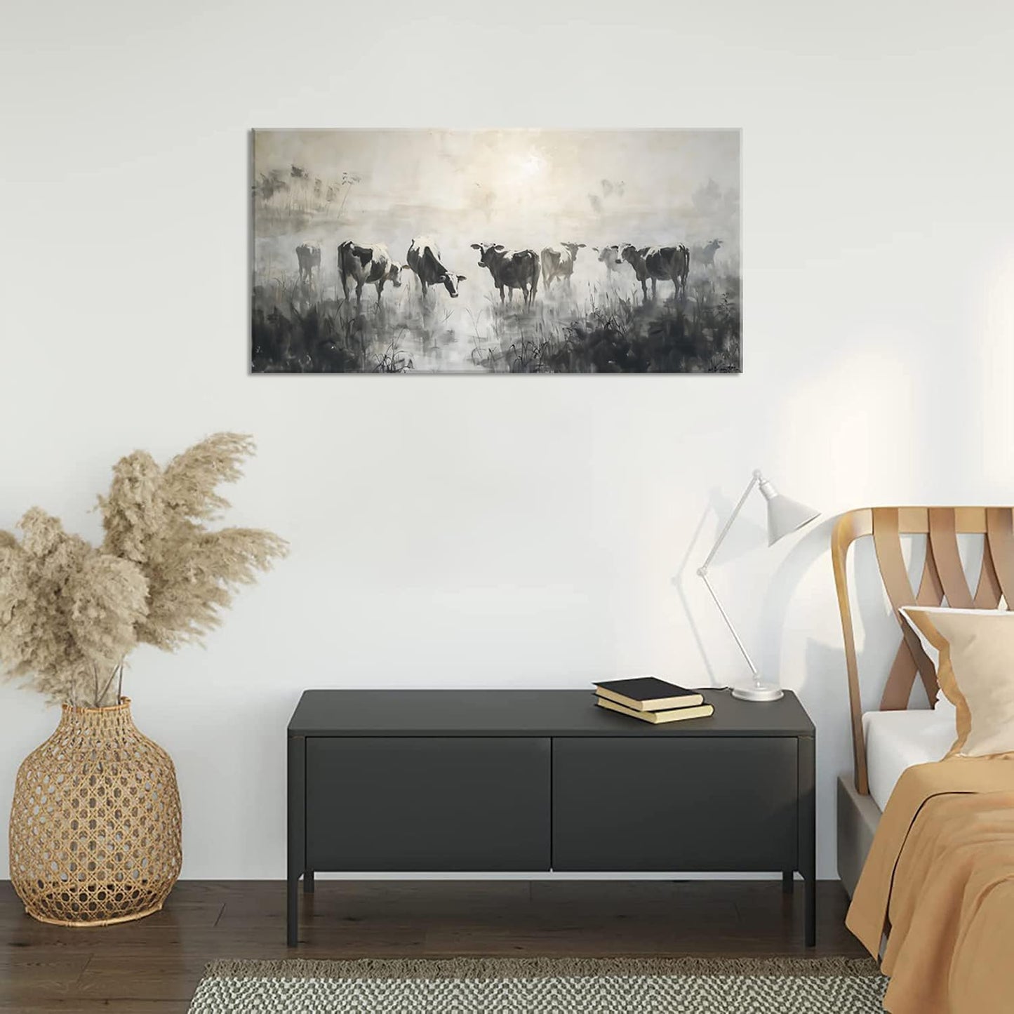 LASMOND Black and White Cow Wall Art for Living Room Ink Wash Canvas Painting Prints Morning Cattle Vintage Country Farmhouse Artwork Bedroom Office Decor (30x16 Inches)