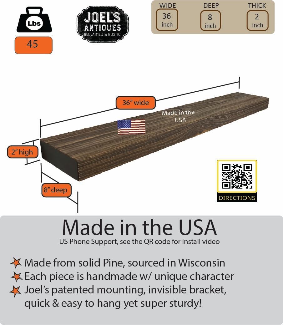 joelsantiques - 36 Inch Wooden Floating Shelves for Wall - 36x8x2 in - Made of Natural Wood - Heavy Duty Rustic Wall Shelves for Bedroom - Perfect for Living Room, Kitchen - Medium Brown