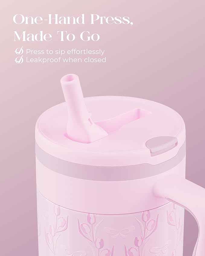 40 oz Insulated Tumbler with Handle and Push-Button Straw Lid, Stainless Steel Travel Cup for Gym Office, Leakproof, BPA-Free, Cup Holder Friendly, Bow Silicone Boot, Purple (Tulip Lilac)