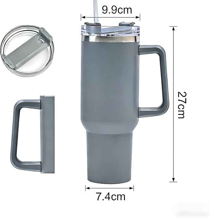 40oz Insulated Travel Mug Tumbler With Handle and Straw,Stainless Steel Double Wall Vacuum Cup Keep Drink Cold and Hot (Gray)