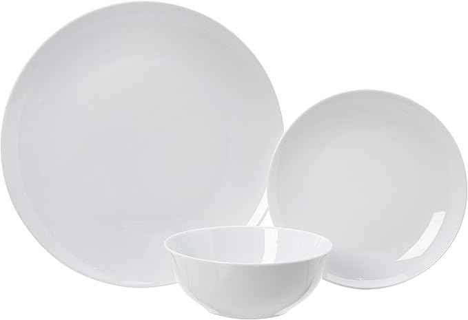 Amazon Basics 18-Piece Complete Kitchen Dinnerware Set, Microwave and Dishwasher Safe, Plates, Dishes, Bowls for Everyday Use, Service for 6, White Porcelain Coupe