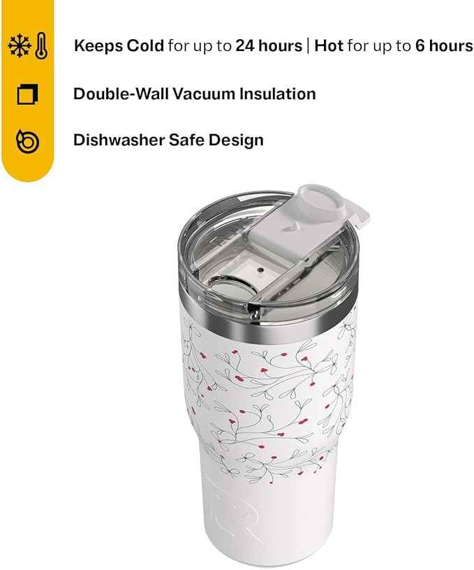 RTIC 20oz Essential Tumbler with Lid, Ceramic Lined, Insulated, Stainless Steel, Metal, Double Wall Vacuum-Insulation, Travel Cup for Iced Coffee, Tea, Hot and Cold Drink, Mistletoe