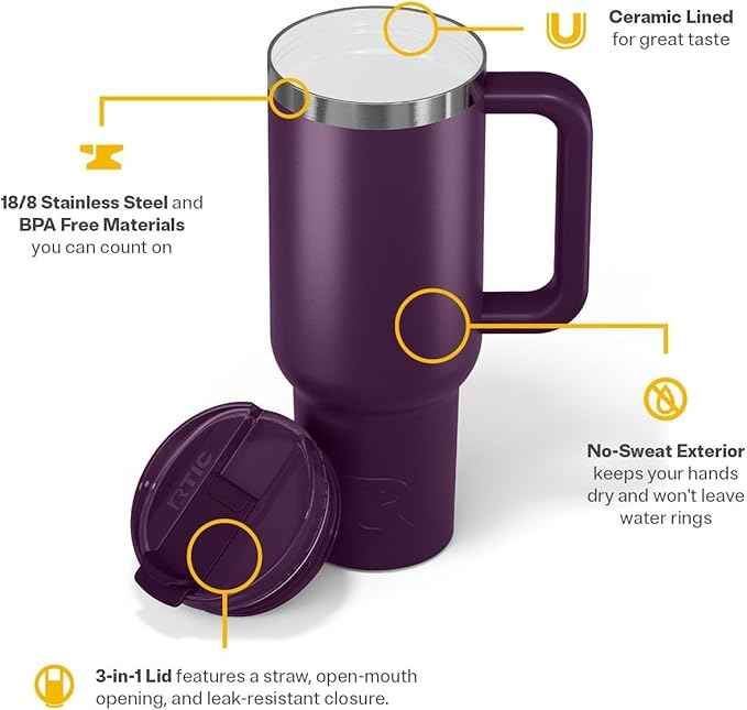 RTIC 40 oz Road Trip Tumbler Double-Walled Cermaic Lined Insulated Stainless Steel Portable Travel Coffee Mug Cup with Lid, Handle and Straw, Plum