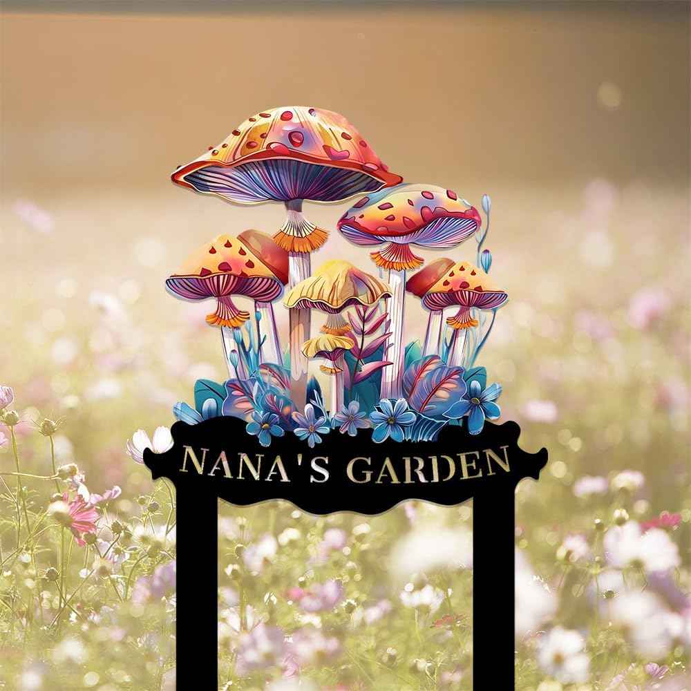 Custom Mushroom Garden Sign with Stake,Personalized Gardener Name Signs Yard Metal Art,Customized Gardening Housewarming Gifts Flowers Outdoor Decor,Butterfly Welcome Plaque for Outside Lawn Patio