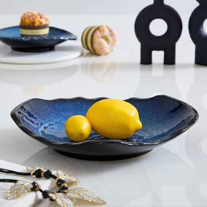 Large Ceramic Decorative Bowl – Blue Reactive Glaze Centerpiece Bowl, Modern Coffee Table Decor Dish, Entryway Catchall Key Bowl, Decorative Fruit Bowl for Dining Table Living Room (12” Dish)
