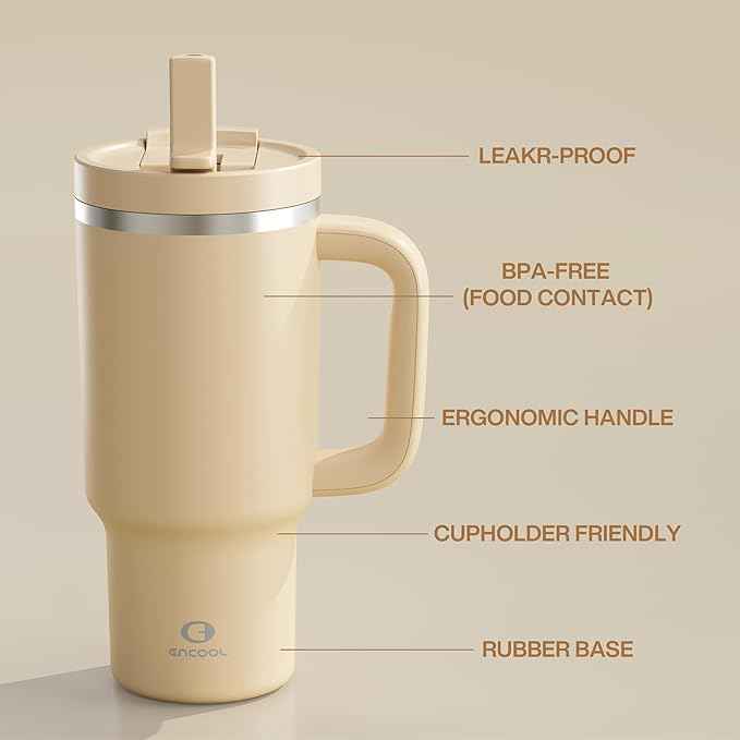 ENCOOL 32 oz Tumbler with Handle and Straw: Stainless Steel Insulated Tumbler Keeps Cold for 24 Hours, Leakproof Travel Cup Fits in Cup Holder and BPA-Free, Indian Khaki