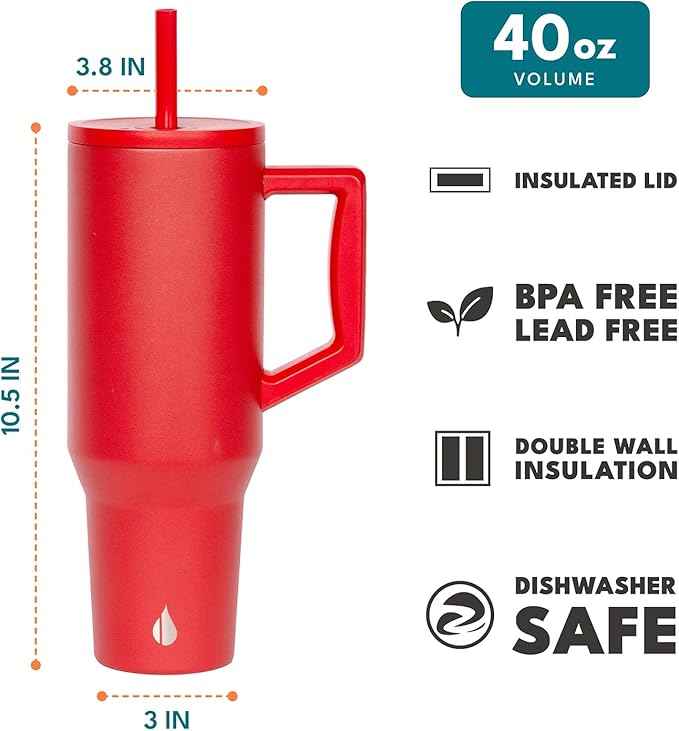 Elemental 40 oz Tumbler with Handle and Straw - Spill Proof Insulated Stainless Steel Commuter for Cold Beverages - Travel Coffee Mug with 2 Straws & Spill Proof Lid - 40oz - Red
