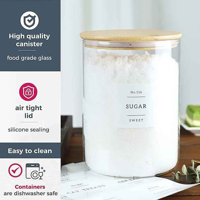 CZSZYGHBAO Large Glass Flour and Sugar Containers Jars with Bamboo Airtight Lid - 100 Fl Oz (3000ml) with Kitchen 42 Pantry Labels for Dry Food, Flour, Pasta, Cereal