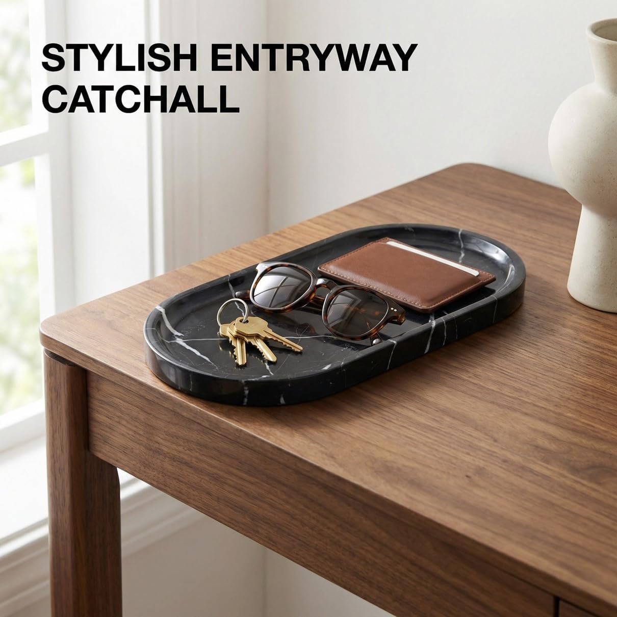 Black Marble Vanity Tray - 100% Natural Stone Bathroom Countertop Organizer for Perfume & Jewelry, 10" Heavy Rectangular Decorative Plate for Toilet Tank & Kitchen Sink, Polished & Non-Slip